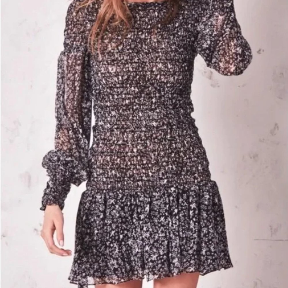 LoveShackFancy Scarlett Mini Dress, Ruched Chiffon, Evening Sky Star Black |  XS - Picture 3 of 6